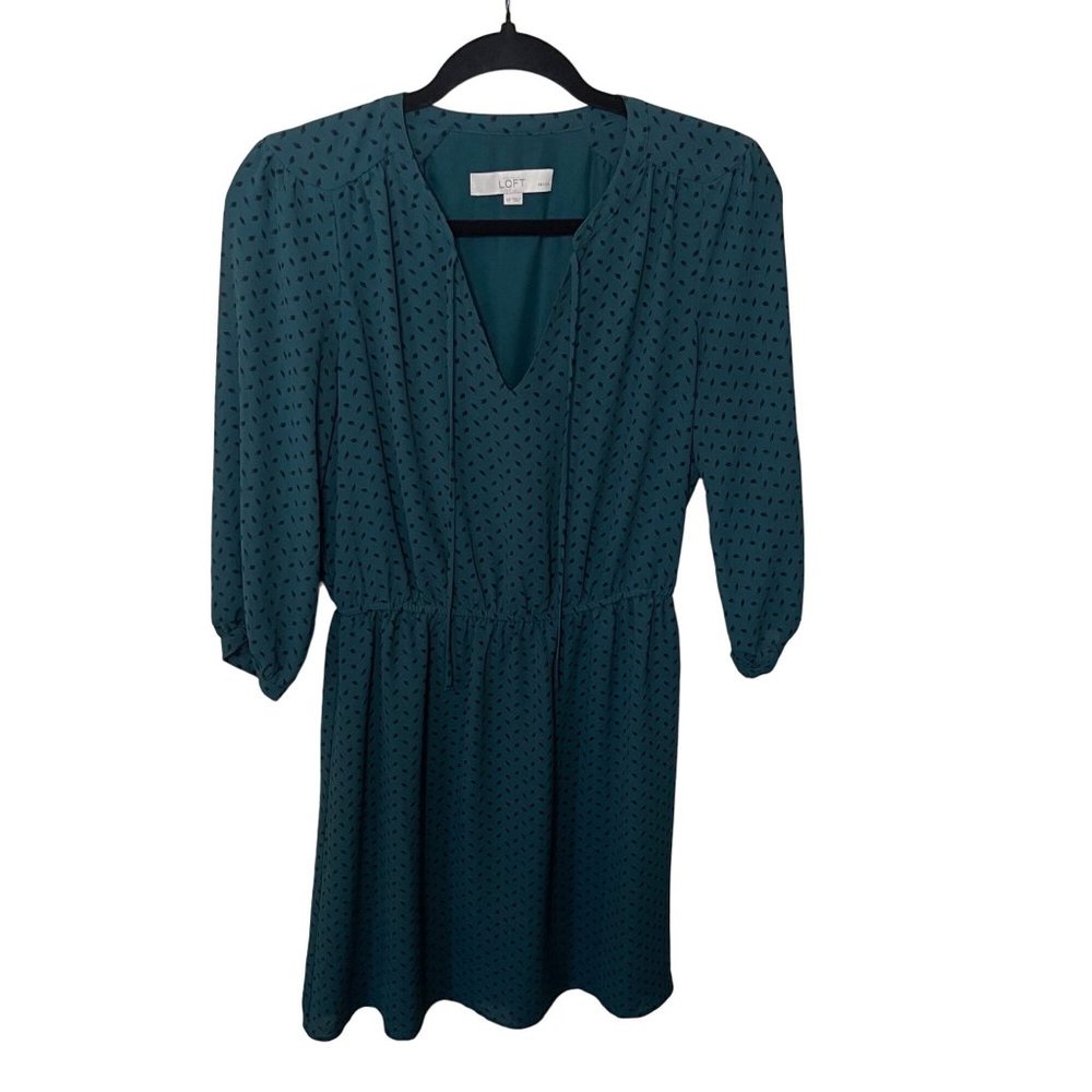 Loft Teal Patterned 3/4 Sleeve Dress Size Small Petite